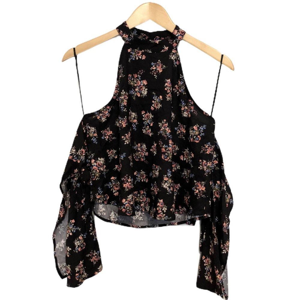 Mustard Seed Floral Open Shoulder Halter Crop Top